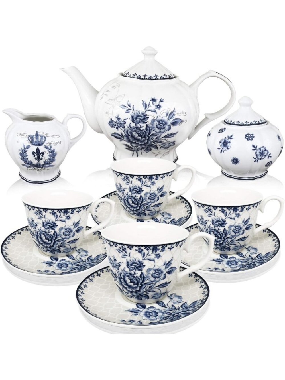 Elegant Blue Dream Tea Set - 48oz Teapot, 8oz Cups, Saucers, Sugar Bowl, Creamer